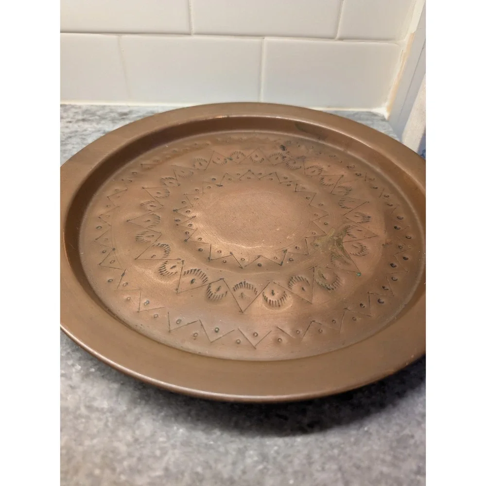 Vintage Hand Hammered Solid Copper Charger Geometric Design 12